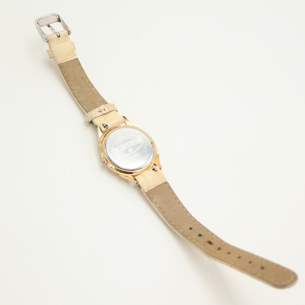 Vintage Fossil Faux Skeleton MOP 34mm Unisex Watch Beige Leather w New Battery - Picture 13 of 15